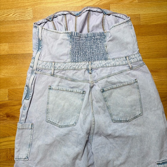 Womens Denim Strapless Jumpsuit Acid Washed Size 2X Cargo Pockets Lavender Blue - Picture 10 of 10